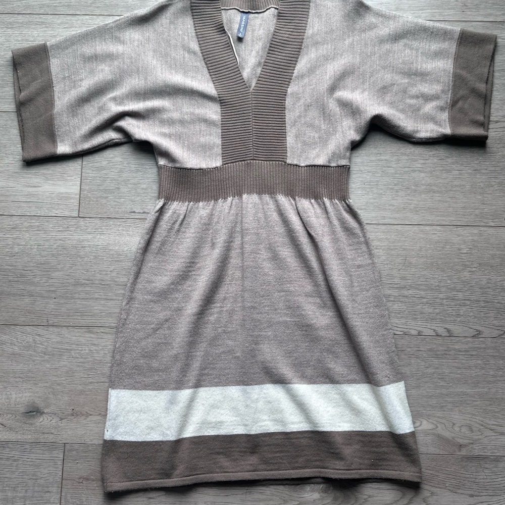 Massini Sweater Dress Brown Cream Colorblock V Neck Size S